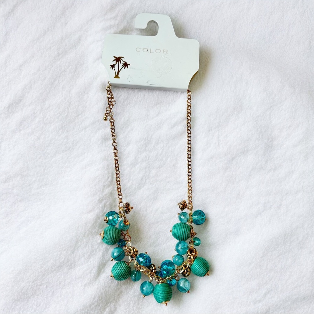 Statement Necklace Teal Gold Boho Gemstone Glam Fashion Beaded Coastal *NEW*
